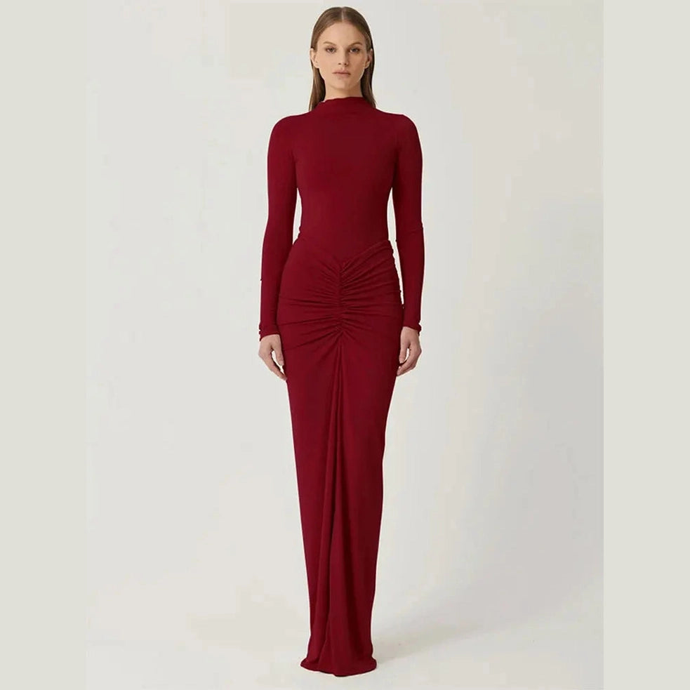 Autumn Women Dresses New Streetwear Solid Sexy Fashion Folds O-Neck Long Sleeves Casual Slim Maxi Dresses Elegant Knitted Dress